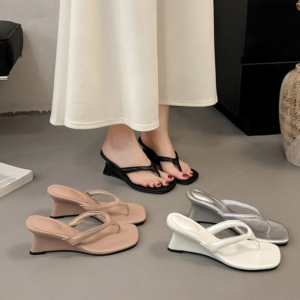 

Women's Minimalist Wedge Heel Flip Flops, Square Toe Leather Thong Sandals, Comfortable Shoes for Everyday