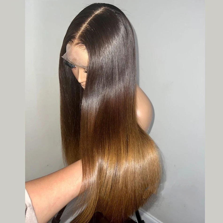 Macio 180 densidade 26 Polegada ombre marrom loira longa sem cola reta peruca dianteira do laço para preto feminino com cabelo do bebê pré-arrancado diariamente