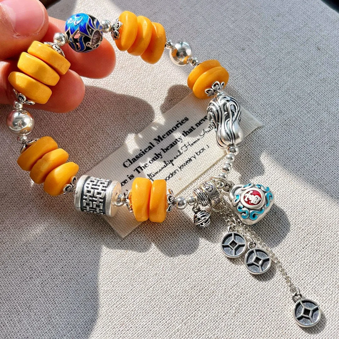 

Браслет из серебра 925 пробы с натуральным состаренным восковым янтарем, винтажный китайский дизайн, тёплый янтарный целебный амулет, подарок для женщин