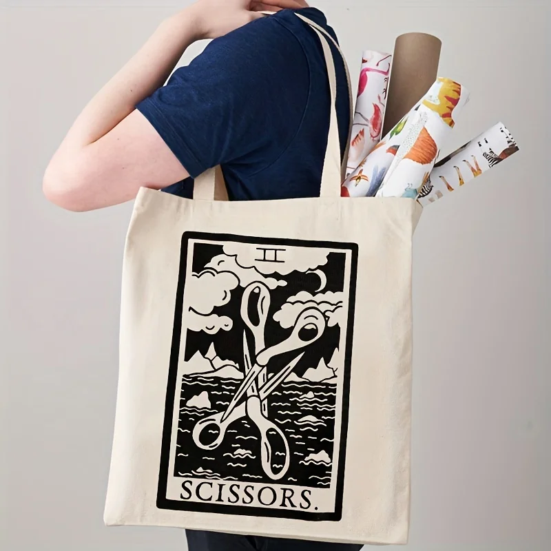 1pc Scissor Pattern Canvas Tote Bag Lesbian Pride Shopping Bag Sapphic WLW LGBT Gift Shopper Queer Tarot Card Totes Witchy Bag
