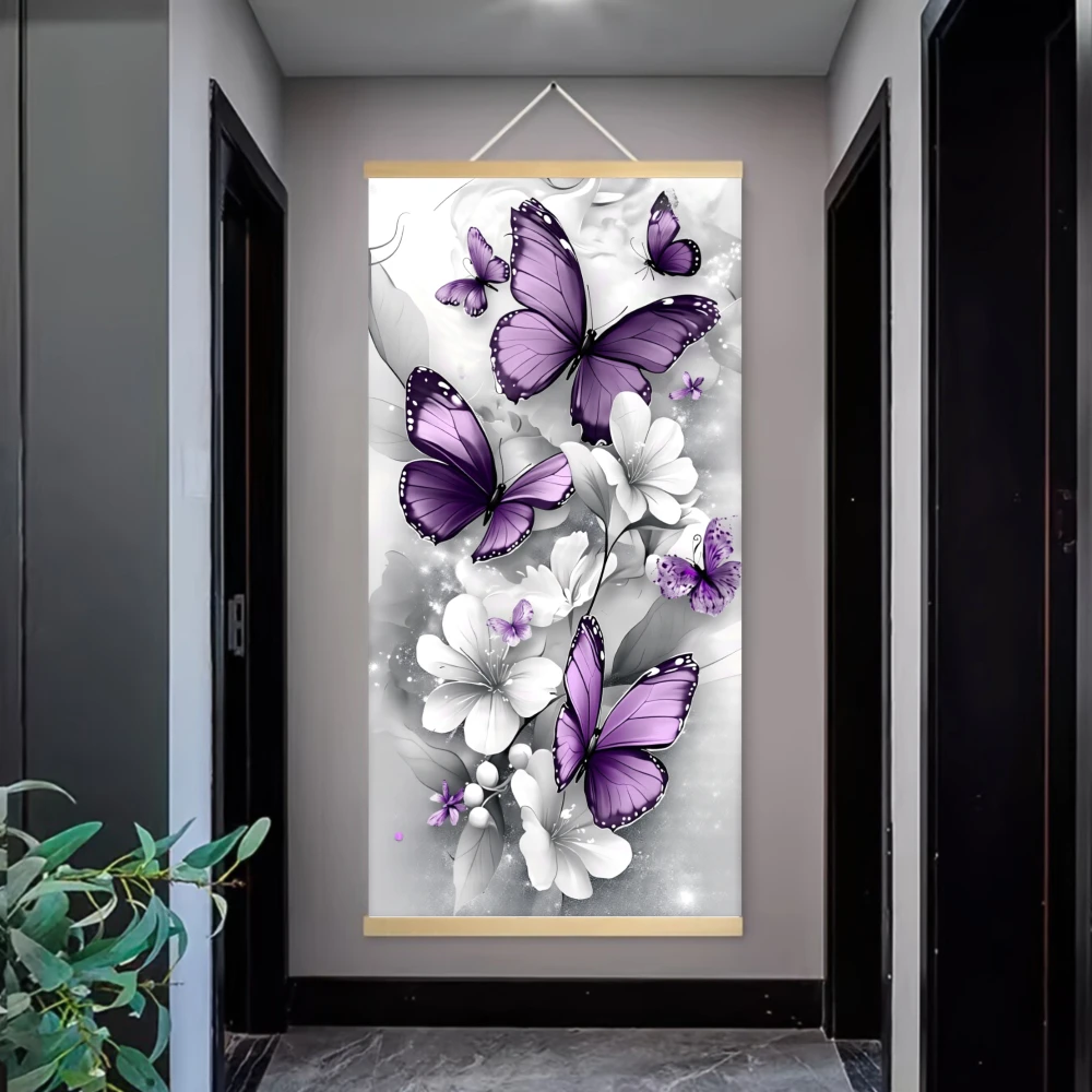 1pc Modern Abstract Purple Butterfly White Flower Wood Scroll Canvas Poster Prints Vibrant Purple Butterflies on Gray Background