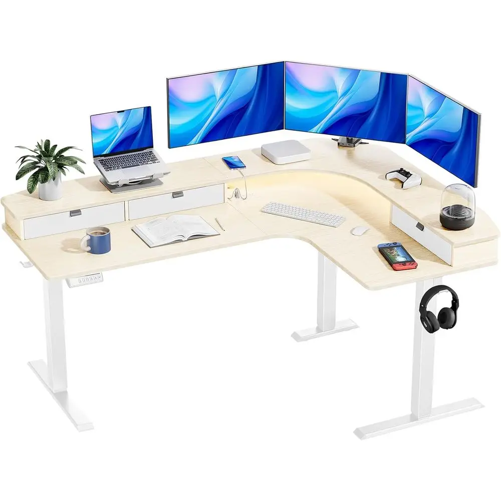 

65 L-Shaped Electric Adjustable Desk with Power Outlets, LED Strip, 3 Drawers, Natural Wood Finish