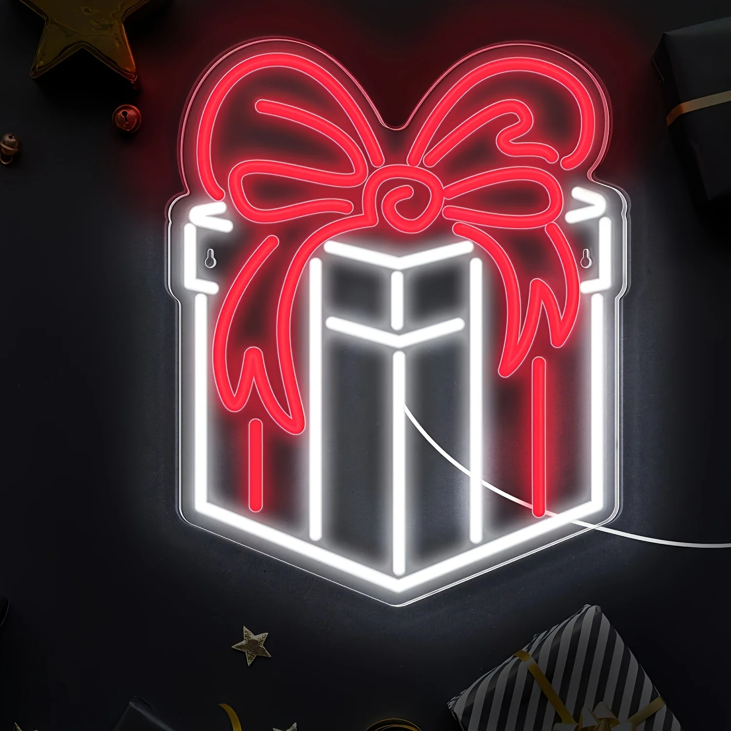 LED Neon Light Sign Christmas Gift Box Neon Sign for Party Bar Bedroom Restaurant Shop Wall Mount Decor Dimmable USB-Powered