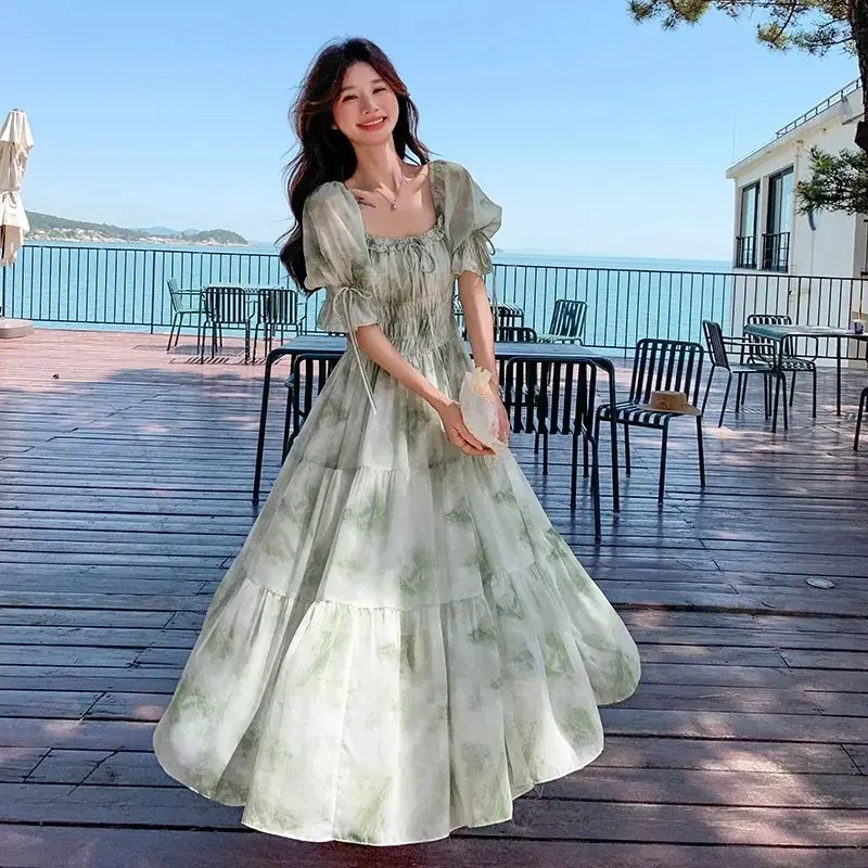 Robe à fleurs Vintage pour femmes, élégante, en mousseline de soie, robe de soirée coréenne, manches bouffantes, col en V, mi-longue, robes d'automne pour femmes, 2025