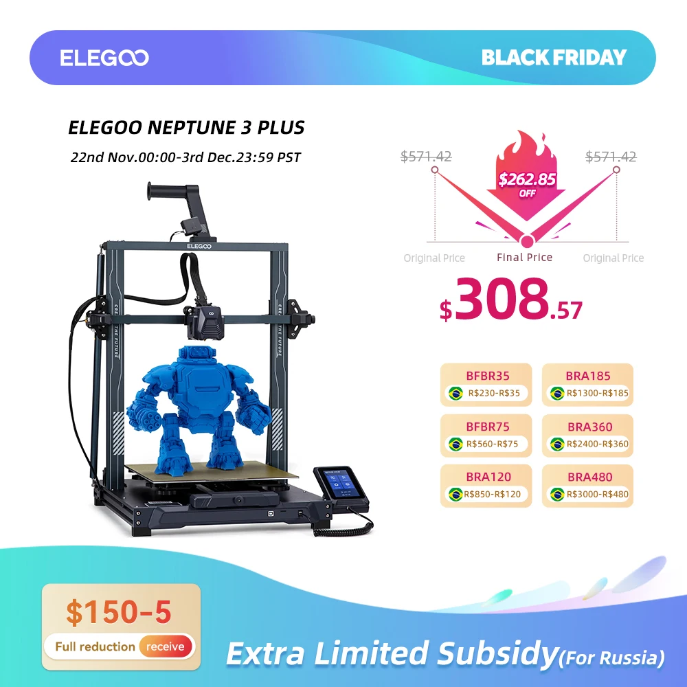 ELEGOO NEPTUNE 3 PLUS FDM 3D Printer Auto Leveling, 4.3 inch Capacitive HD Touch Screen, Dual Gear Metal Extruder 320x320x400mm