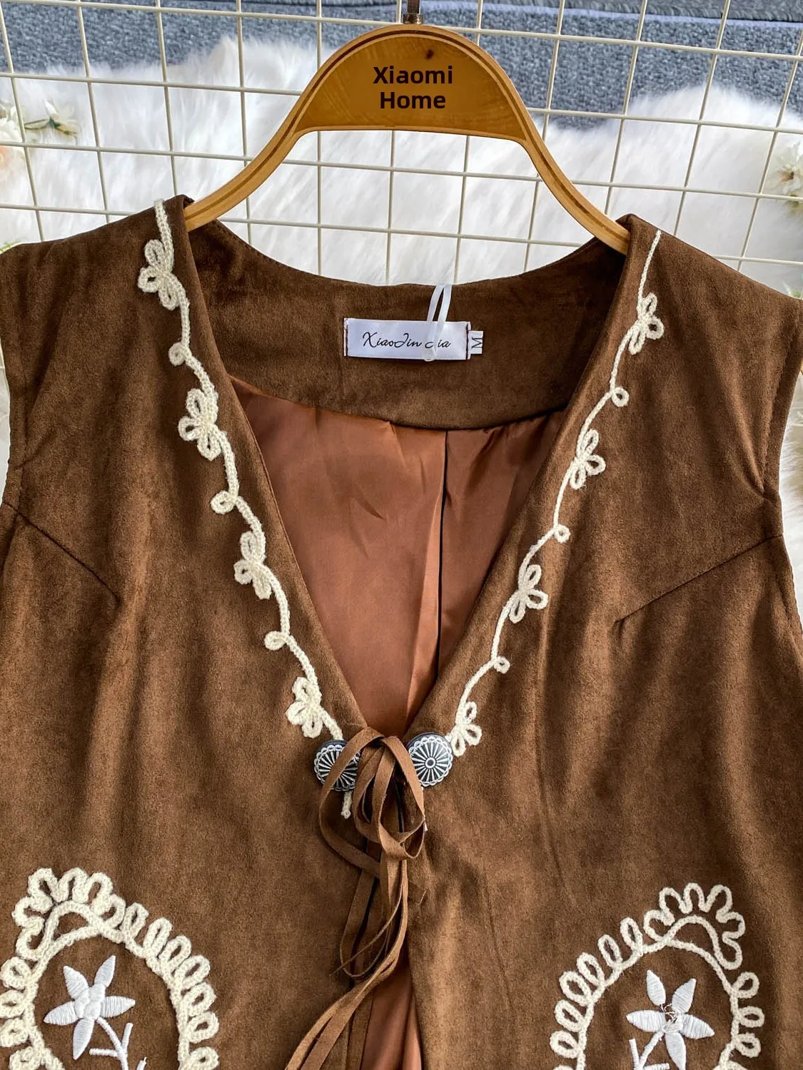 Retro Brown Deer Skin Velvet Embroidery V-neck Jacket Women Summer Loose Slimming Top Commute Style Open Cardigan