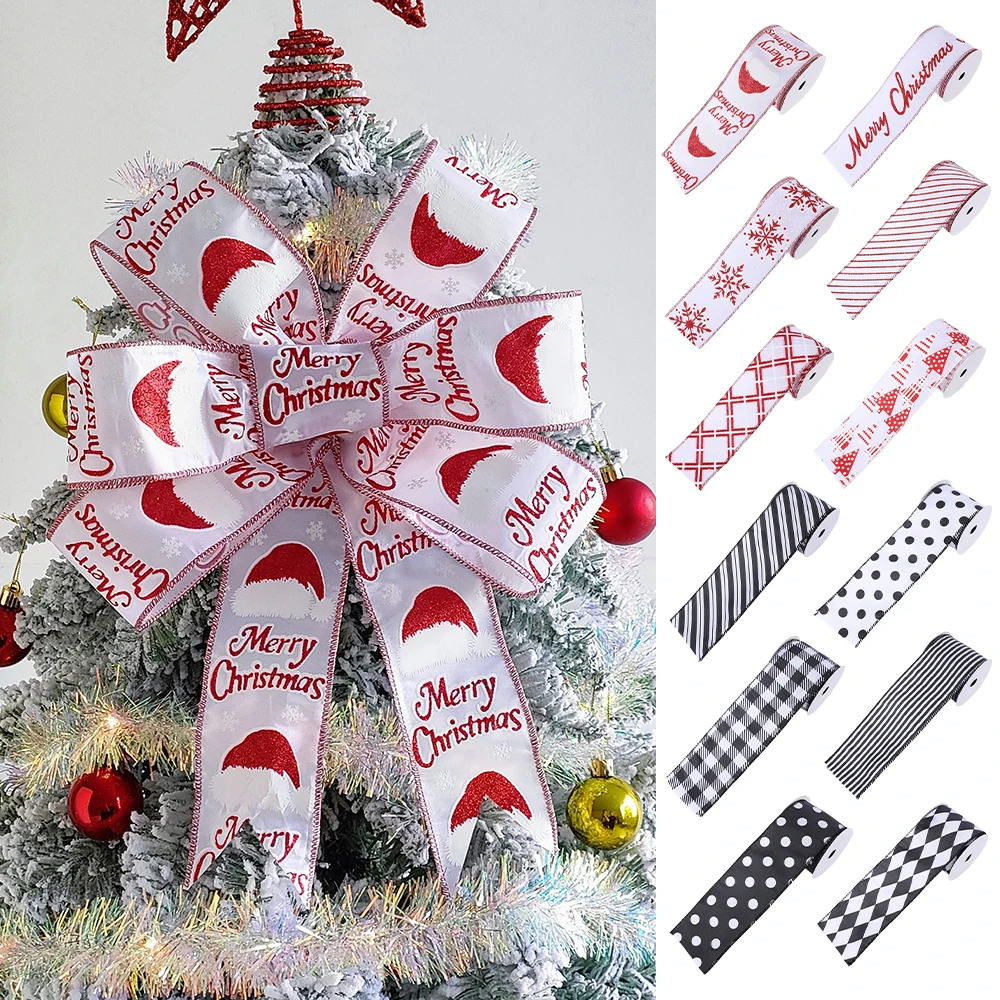 6pcs Christmas Burlap Print Ribbon Roll Xmas Tree Twine DIY Handmade Biscuit Gift Wrapping Bow Christmas Decor navidad 2024