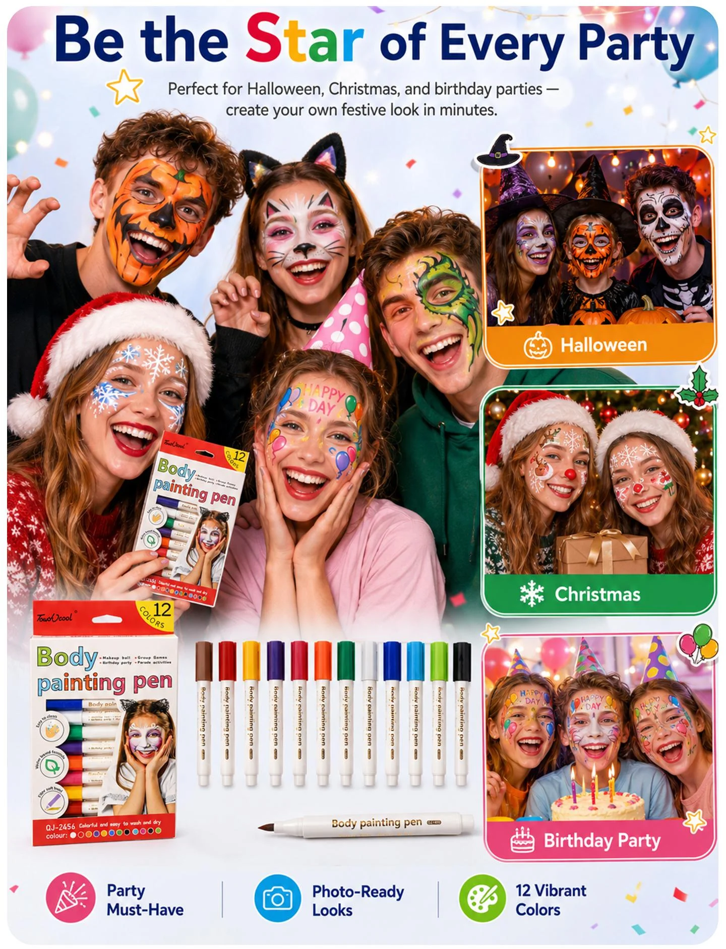 12 Farbige Körperkunst-Malstifte für Gesichtsbemalung, ungiftig, abwaschbar, Tattoo-Zeichenstifte-Set, Haut-Graffiti für Kinder, Party, Cosplay – Detail 2