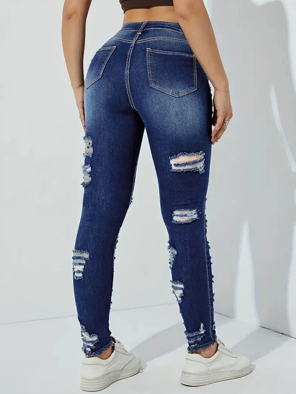 Ripped Frayed Slant Pocket Skinny, Ladies Casual Button, Zipper Natural Long Dark Wash Cotton Women Jeans, Daily Wear