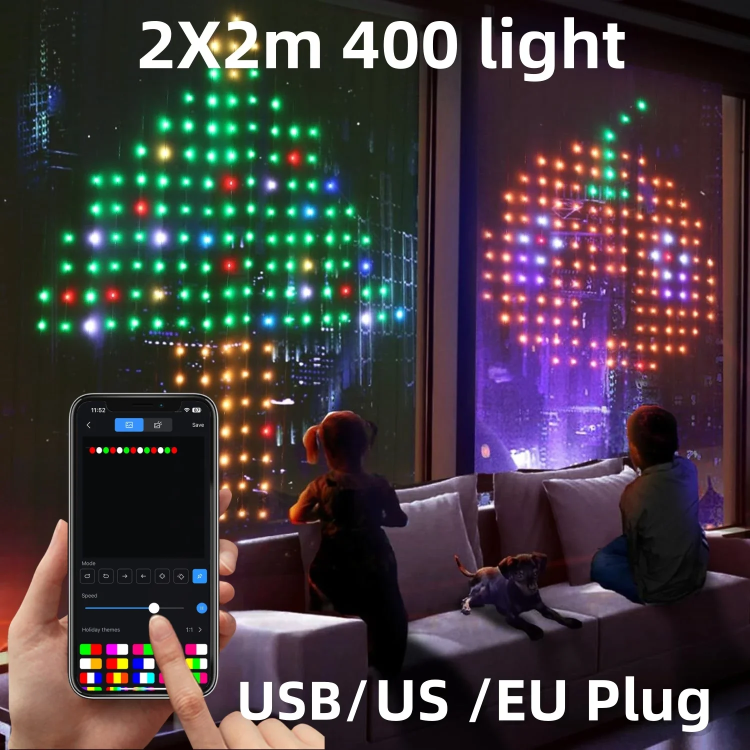 Rideau Lumineux Intelligent à 400 LED de 2m x 2m, Guirxiété Lumineuse, Décoration de ixde Noël, Diviseur Musical à Distance avec Application Bluetooth