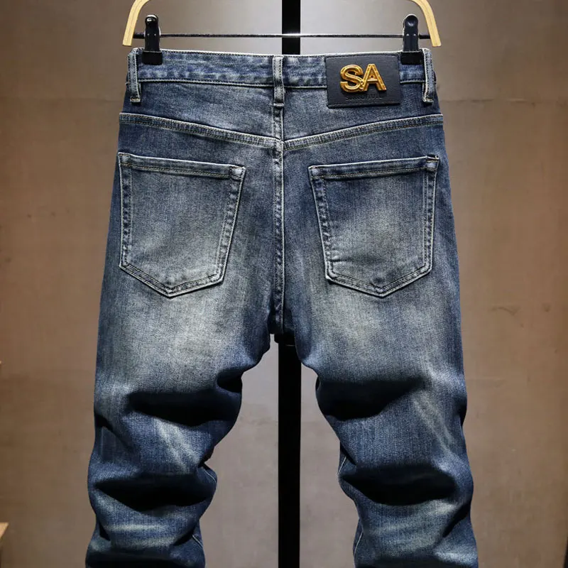 Street Designer Fashion Men Jeans Retro Blue Stretch Slim Fit Embroidery Patched Ripped Jeans Men Y2K Hip Hop Denim Pants Hombre