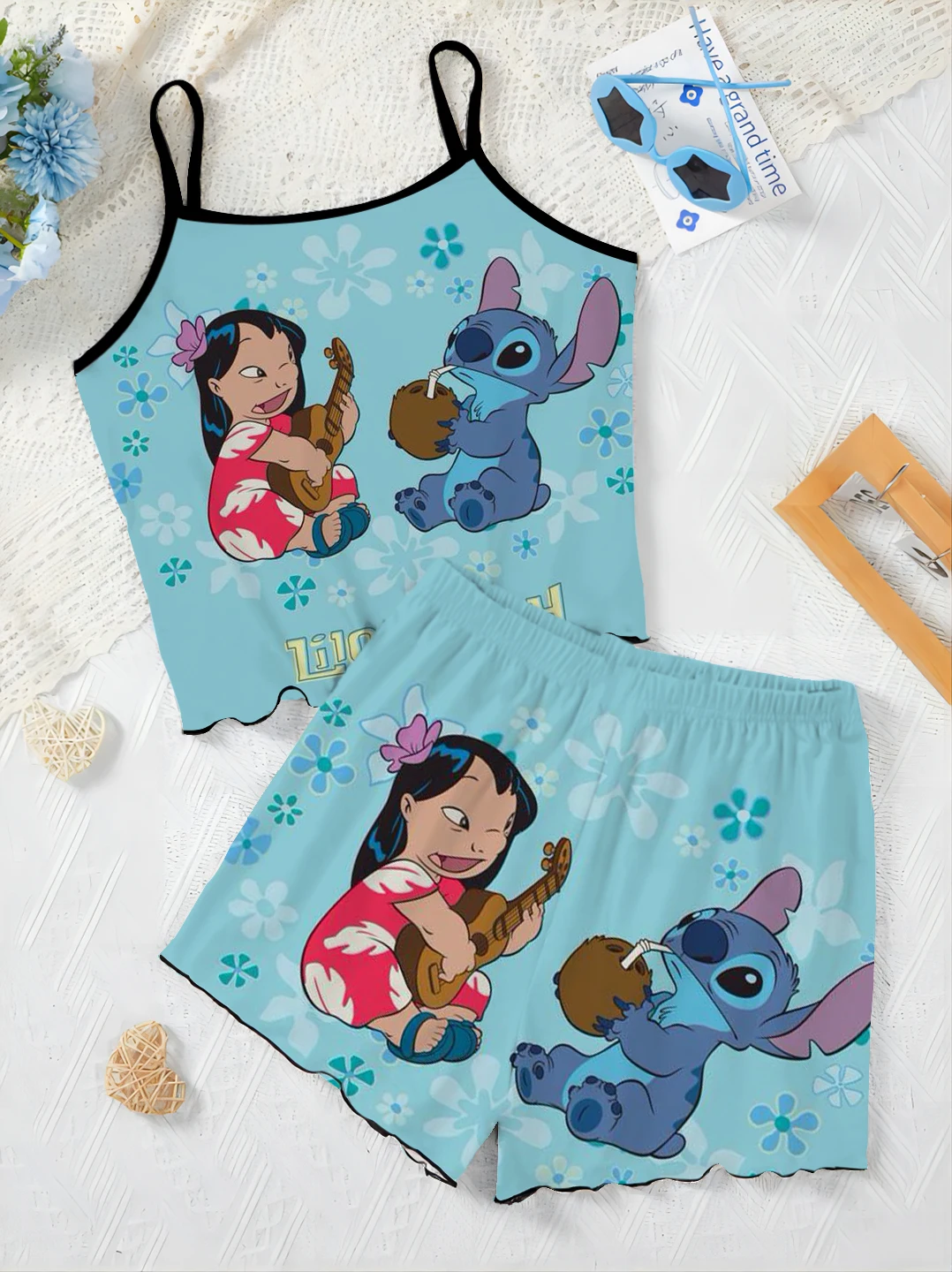 Eleganti completi da donna per donna 2 pezzi t-shirt con finiture in lattuga Slip Dress gonna pigiama Disney Stitch abito corto completo da casa