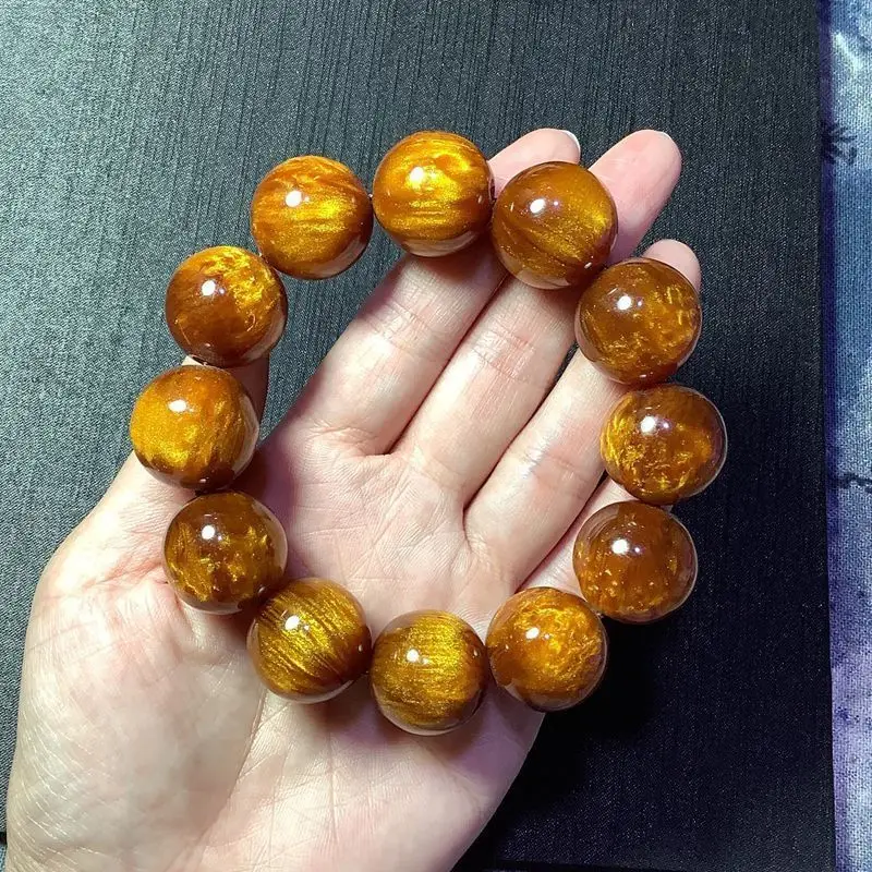 

Natural golden silk for men and women, amber round bead couple's bracelet