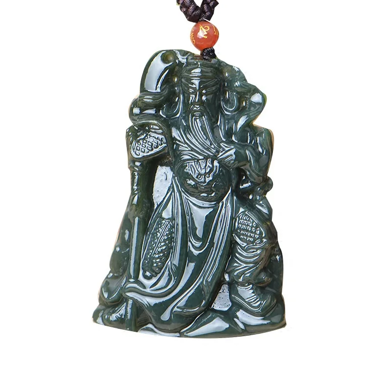 Hetian Green Guan Gong Men And Women, Martial God Of Wealth Jade Pendant