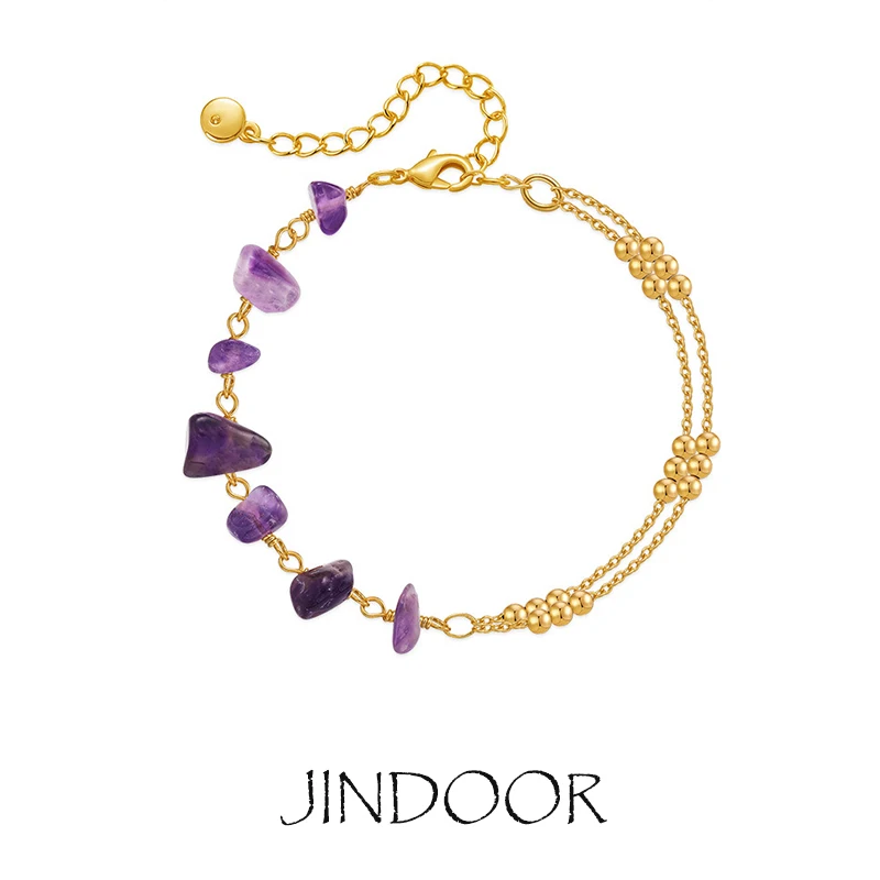 JINDOOR 18K Gold-Plated Natural Amethyst Crystal Bead Bracelet – Unique Feng Shui Design with Round Beads for Positive Energy