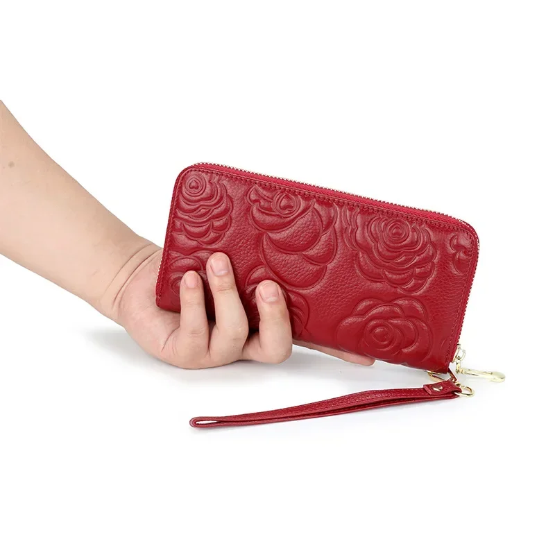 Women's purse Leather premium long single zipper bag Fashion large capacity mobile phone storage camellia first layer money clip