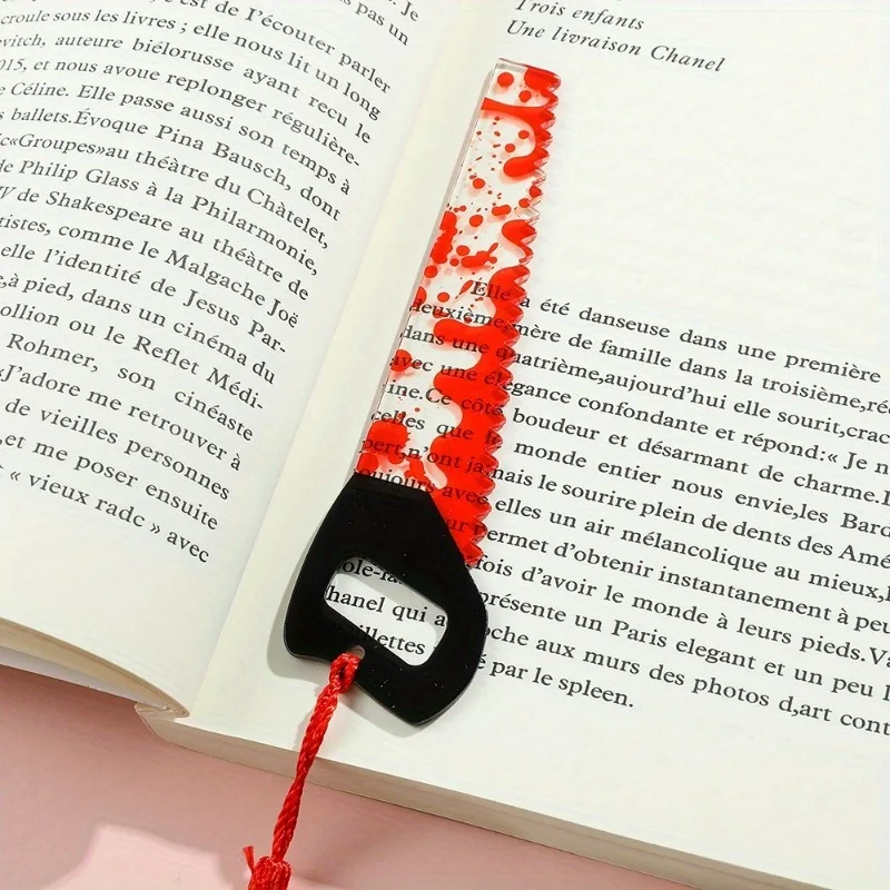 1Pc Clear Acrylic Bookmark with Tassel, Halloween Themed Series Chopper Saw with Blood, Halloween for Bookworms