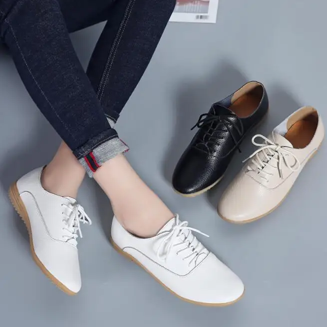 2024 New Women Flats Spring Autumn Woman Loafers Genuine Leather Female Shoes Lace up Soft Comfortable Ladies Women\'s Shoes