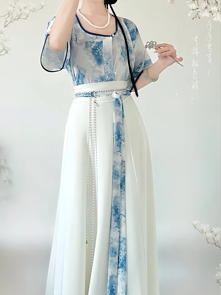 Tang Hanfu 3 conjuntos de Camisa estampada con camiseta, ocho faldas rotas, ropa diaria con vestido de verano, vestido tradicional chino