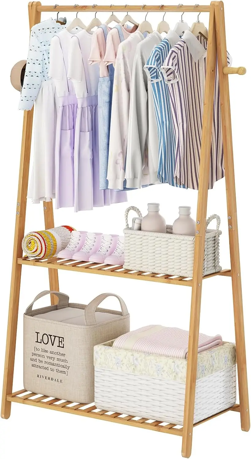Portable Bamboo Kids Clothes Rack with Shelves, Movable Drying Organizer for Toddler Clothing Storage
