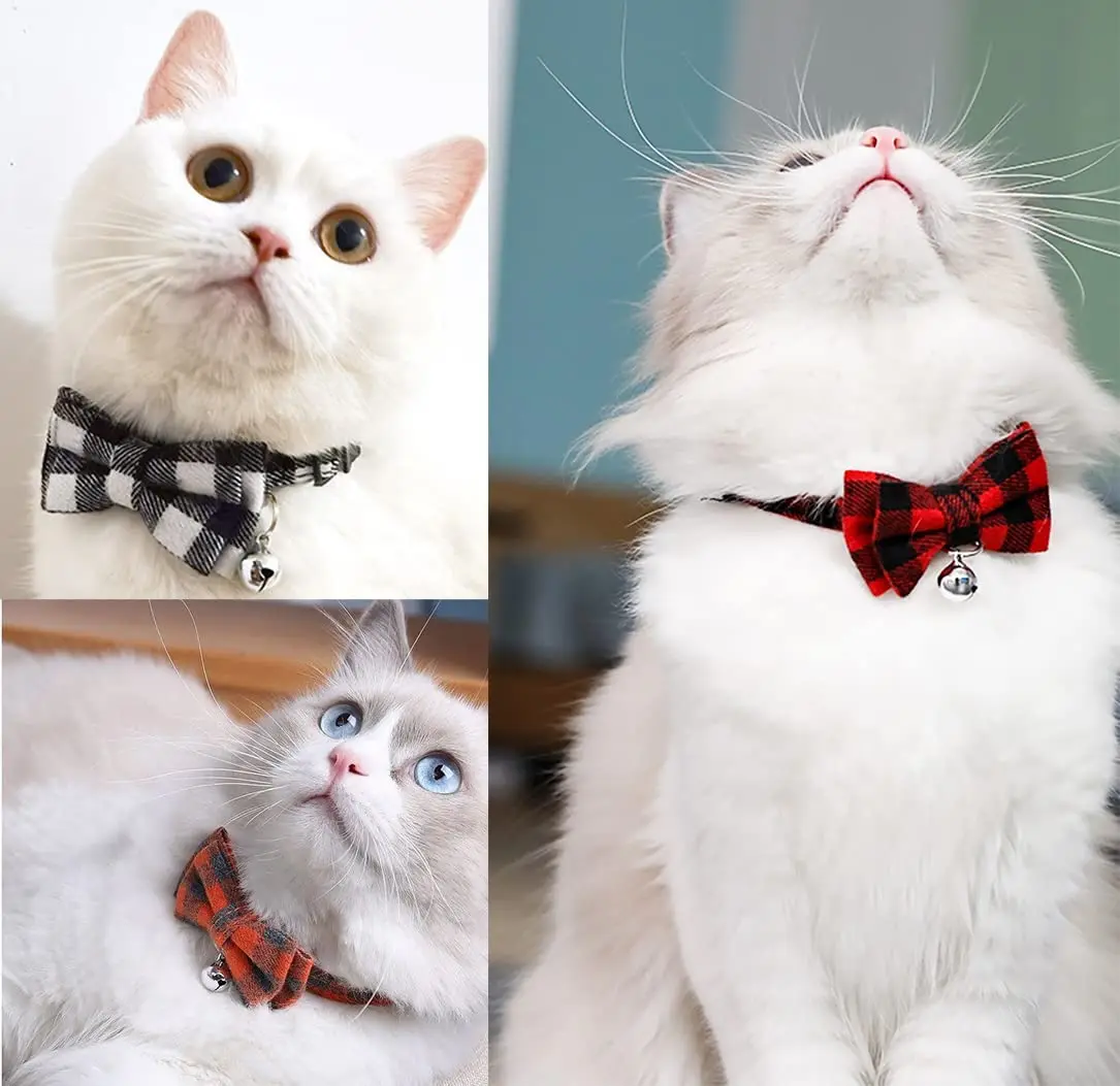 Pet Breakaway Cat Collar Bow Tie and Bell Cute Plaid Christmas Red Elastic Adjustable Dog Collar with Sash Small Bell for Cats