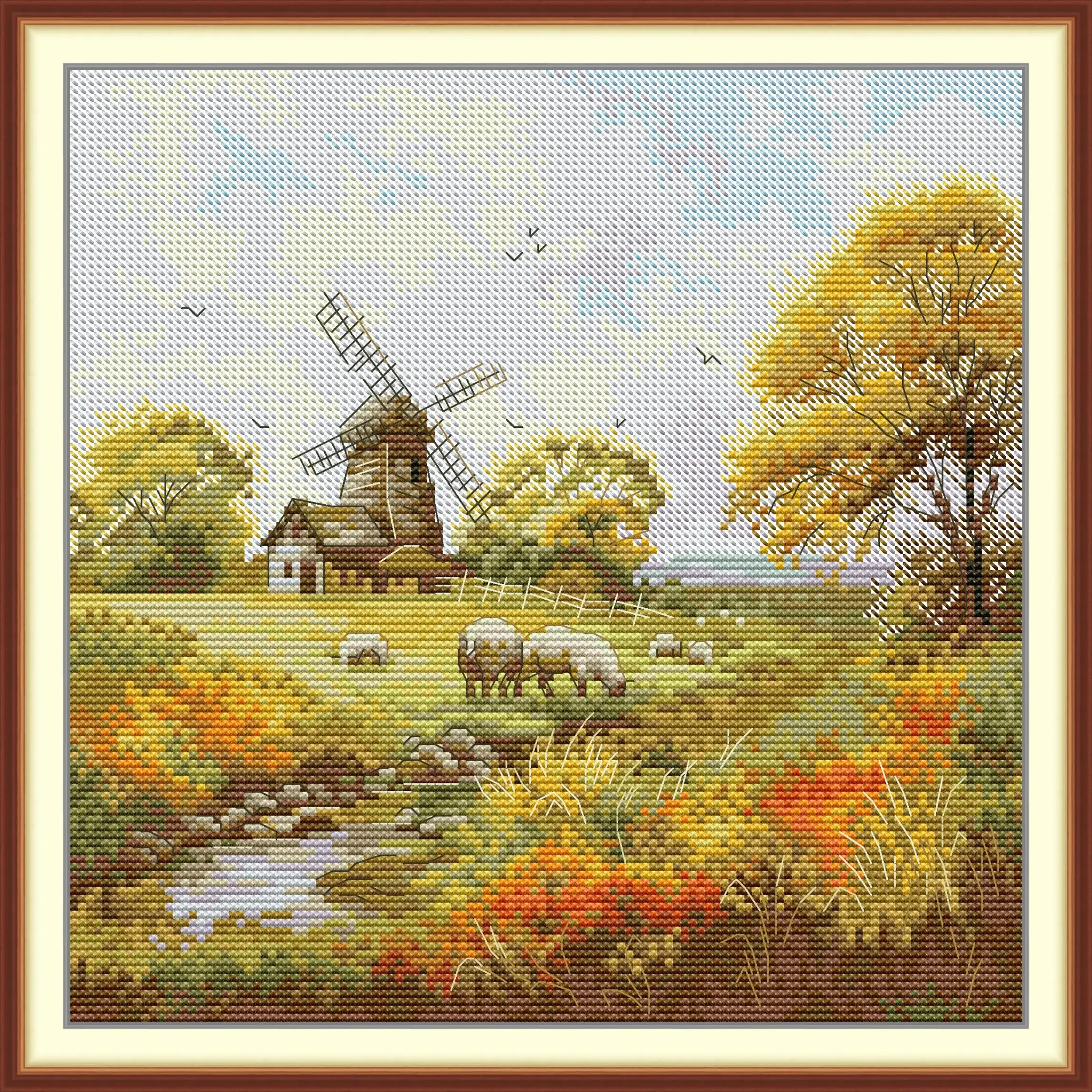 Neuheit: Vorgedrucktes Kreuzstich-Set, gestempeltes Aida-Gewebe mit DMC-Fäden, Stickerei-Set – Landleben – Schaf aus der Mühle