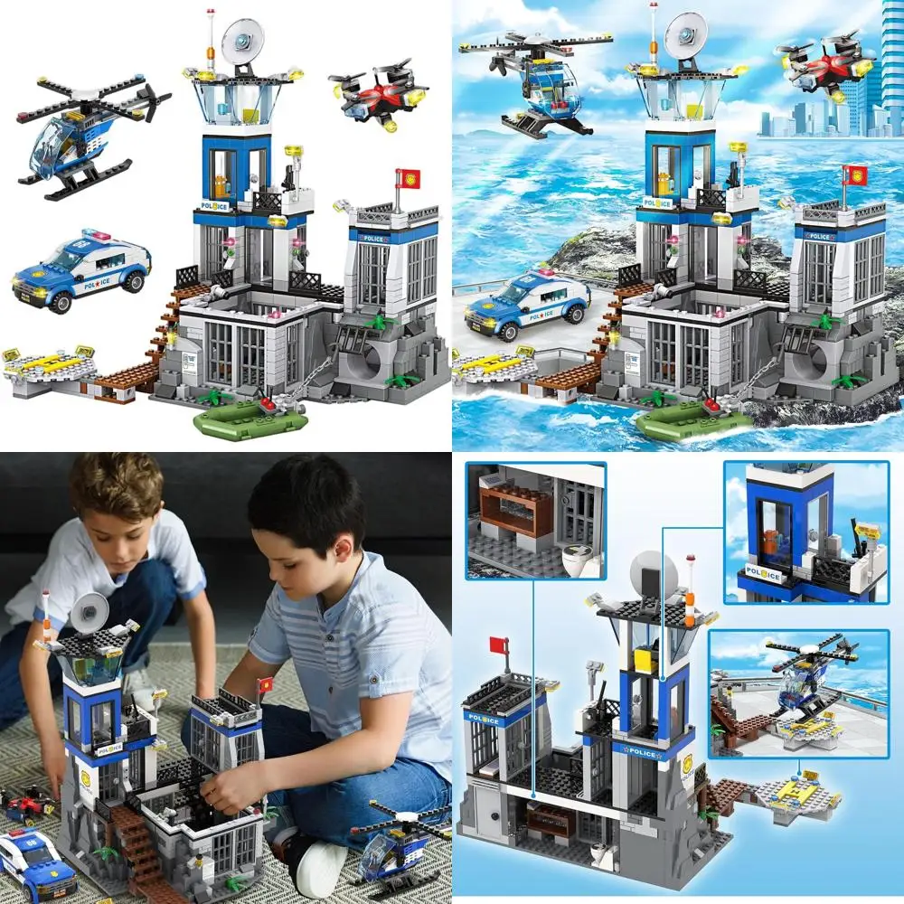 Set da gioco della stazione di polizia con 946 pezzi, inclusi auto, drone, elicottero, barca, ideale dai 6 anni in su