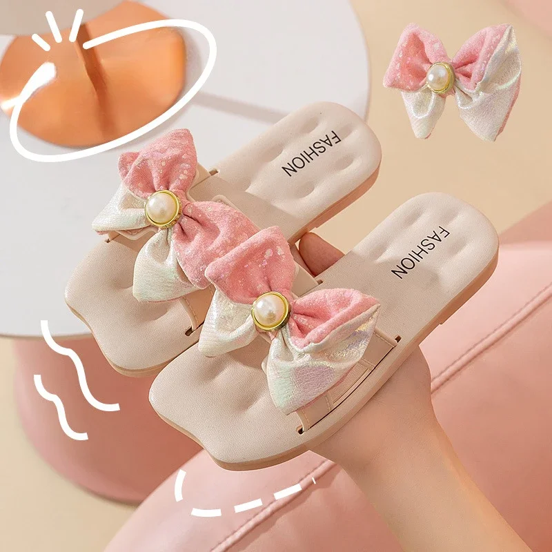 Bow Tie Girls' Slippers Non Slip and Breathable Girls Slippers 3-10 Years Old Versatile Princess Style Children Outdoor Slippers