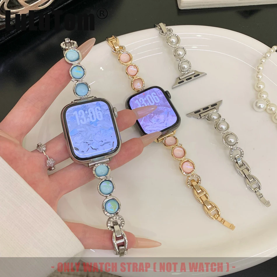 

Элегантный ремешок со стеклянными бусинами для Apple Watch Series 11 10 9 8 7 6 SE 5 4 Ultra Strap iwatch 46 42 38 40 41 44 45 49 мм Металлический браслет
