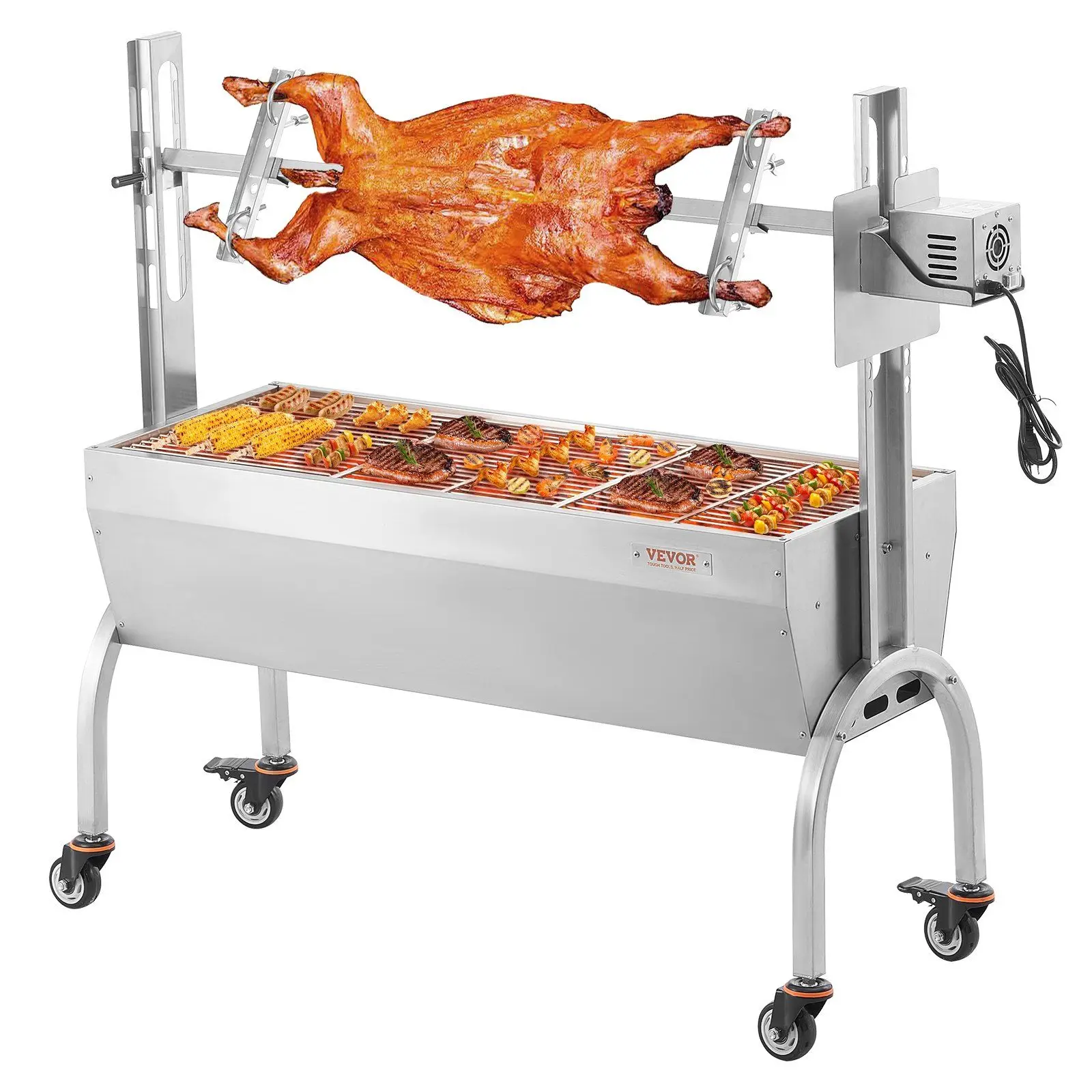 46-Inch Electric 52W Motor Stainless Steel Rotisserie Grill For Whole Pig Lamb Goat With 132 Lbs Capacity BBQ Charcoal Spit Oven