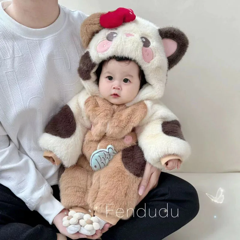 IYEAL Kids Winter Romper Warm Flannel Plush Jumpsuit + Bib Toddler Girl Boy Animal Costume Hooded Newborn Baby Kitten Overalls