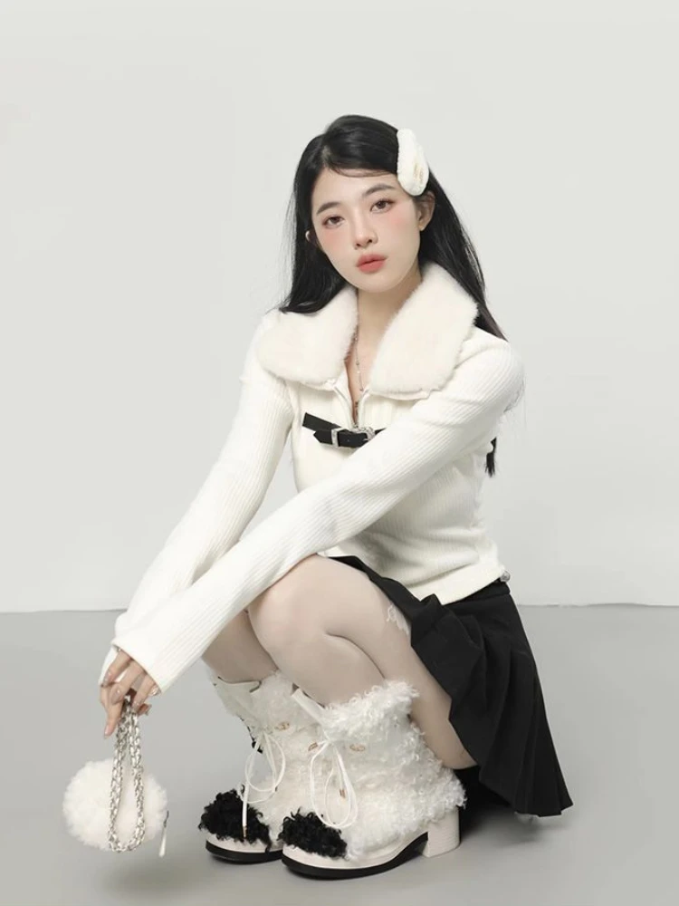Korean Fashion Fluffy Patchwork Cropped Cardigan Turn Down Collar Long Sleeve Knitted Slim Y2k Aesthetic Zipper Sweater