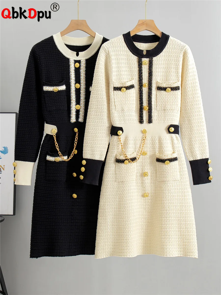

Korean Design Knitted Slim Dress Women O-neck Knitwears A-lined Mid Length Vestidos Elegant Fashion Long Sleeve Knit Elbise New