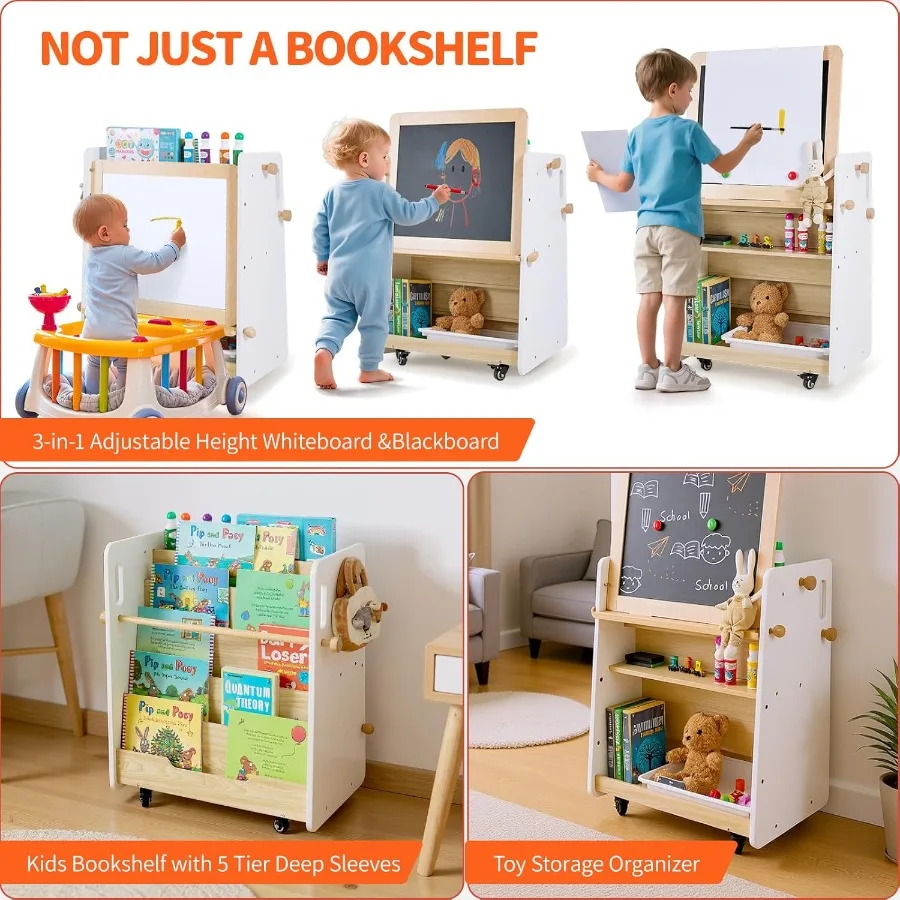 3in1 Wooden Art Easel with Wheels for Toddlers: Bookshelf Toy Storage Organizer and DualSurface Easel featuring Chalkboard Whit
