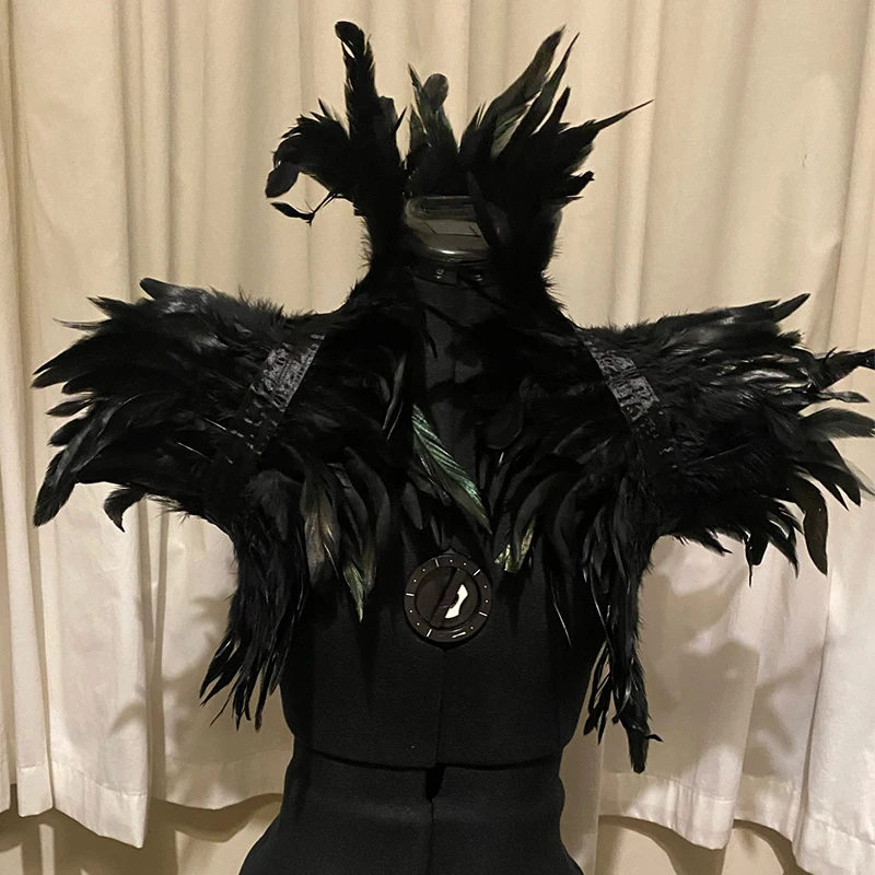 Black Natural Feather Shrug Shawl Shoulder Wraps Cape Gothic Collar Cosplay Party Body Cage Harness Bra Belt Feather Fake Collar