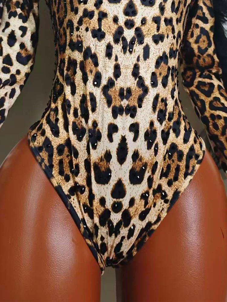 ليوبارد طباعة الأسود الراين ارتداءها طويلة الأكمام مثير Showgirls فريق المرحلة زي ملهى ليلي GOGO ملابس الرقص عيد ميلاد DJ #6