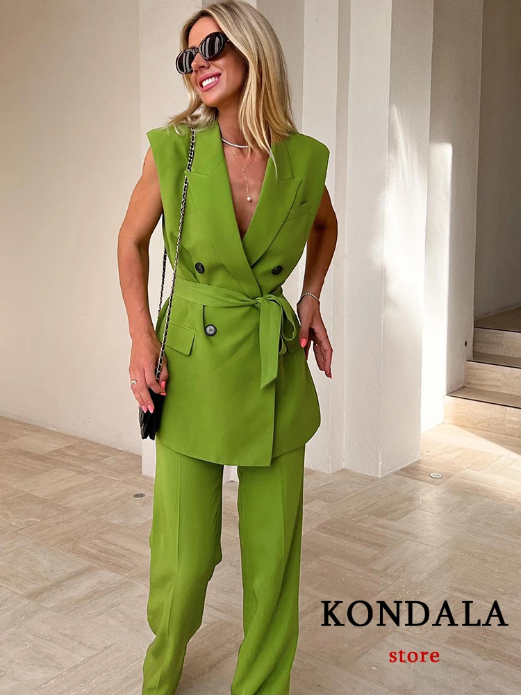 TRAFZA Office Lady Solid Green Vest Blazer Women V Neck Double Breasted Sashes Long Sleeveless Jackets Fashion 2023 Coats