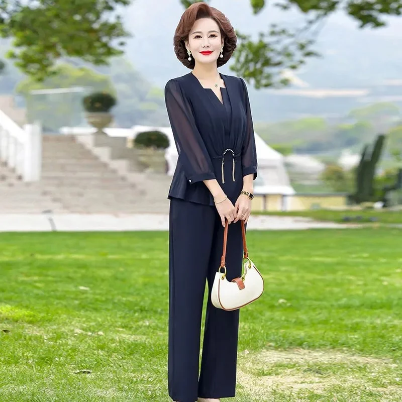 Mid Aged Mom Summer Suit Foreigner 2023 New Mid aged and Elderly Women Spring/Summer Thin Fashion High End Two Piece Set