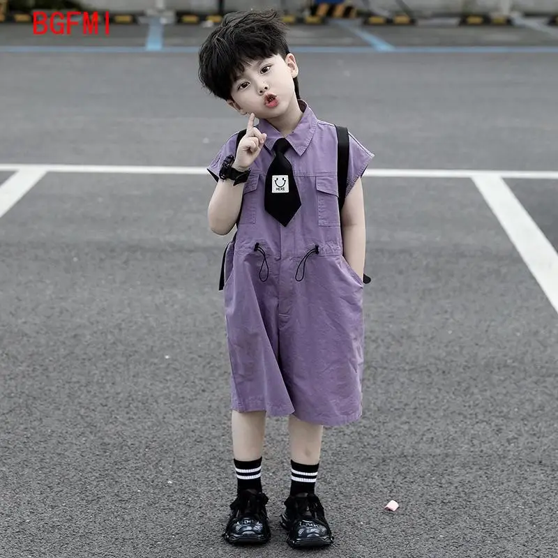 Kids Summer Shorts Overalls Capri Boys Purple Pants and Tie Clothes Boy Baby Jumpsuit 1-10Y Short Sleeved Children's Clothing view 2