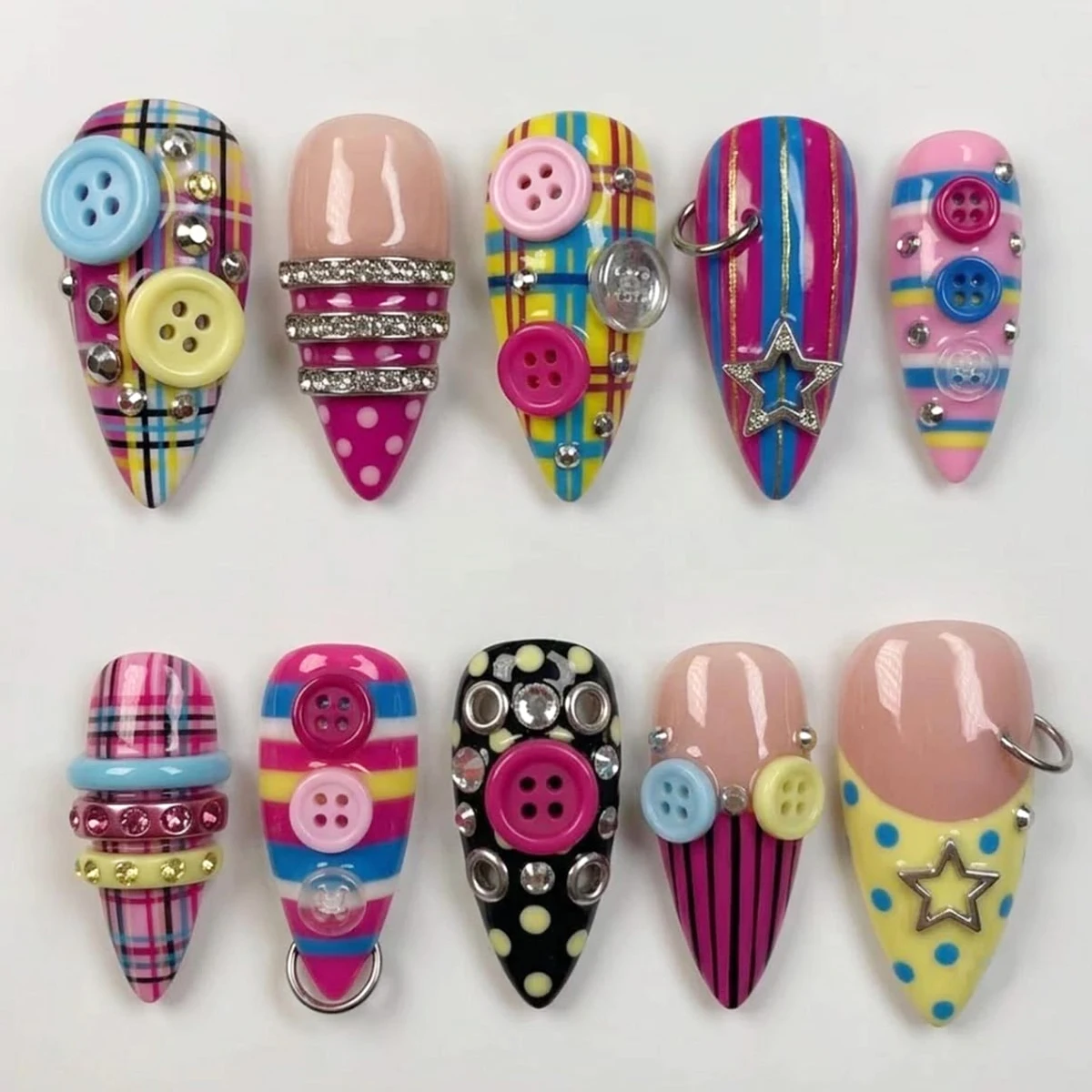 Niedliche Mini-Knopf-Nagelcharms in verschiedenen Farben, Stern-, Blumen-, Schleifen- und runde Harz-Nageldekorationen, 3D Kawaii kleine Knöpfe Nagelkunst-Ornamente – Detail 8