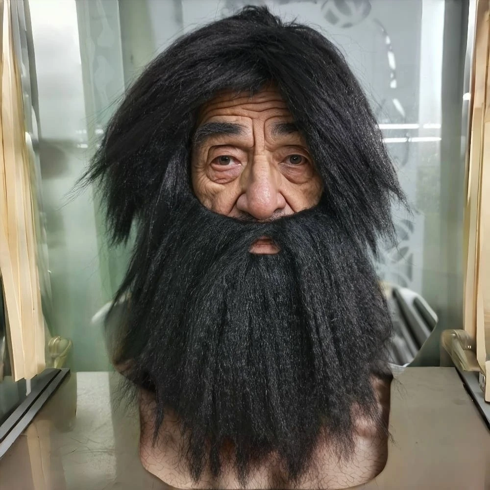 Przerażający kostium męski dziki mężczyzna fałszywa broda długa peruka Halloween śmieszne akcesoria Cosplay realistyczne kręcone wąsy rekwizyty