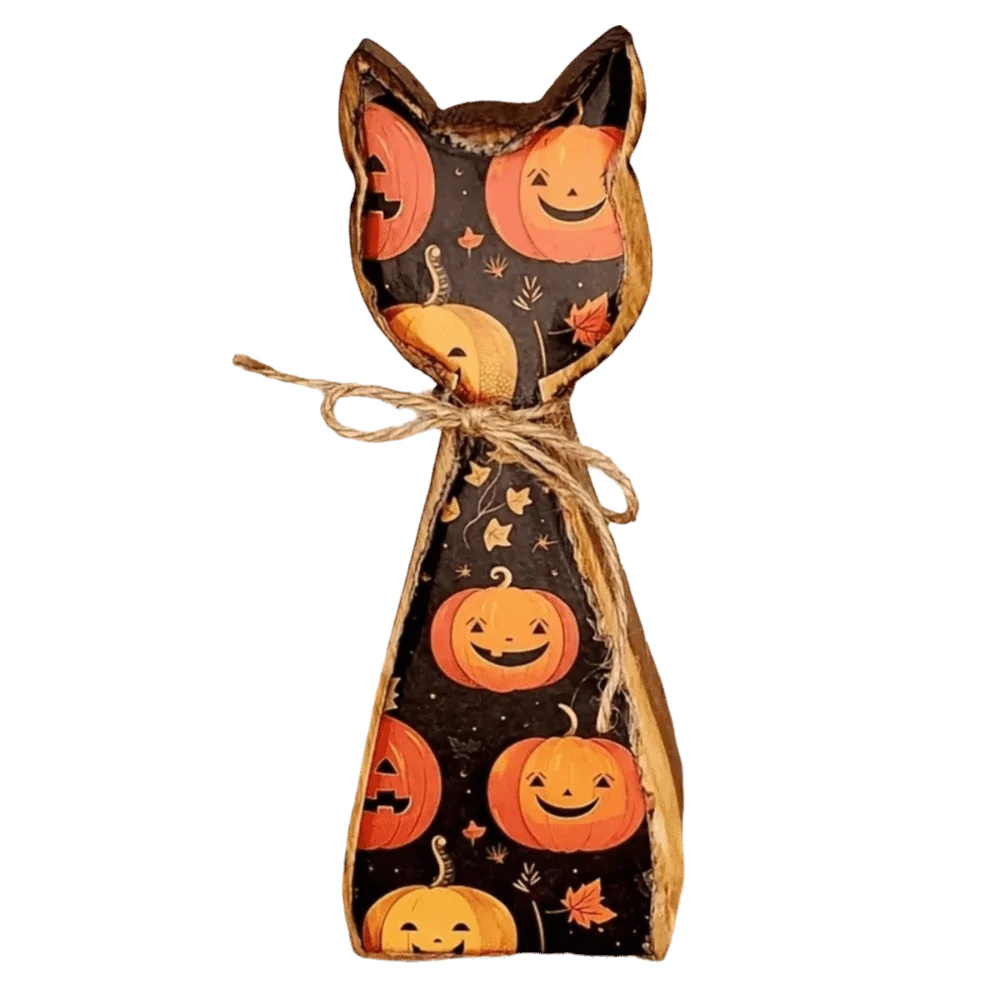 Vintage Wooden Cat Shaped Tray Cartoon Rustic Style Halloween Cat Desktop Decoration Cat Statue Double Sided Pattern