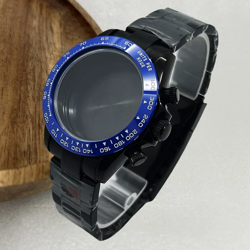 Gmoga caixa de relógio preta estilo fita pulseira de cristal de safira endlink para daytona vk63 movimento peças cerâmicas 29.5-30.5mm mostrador