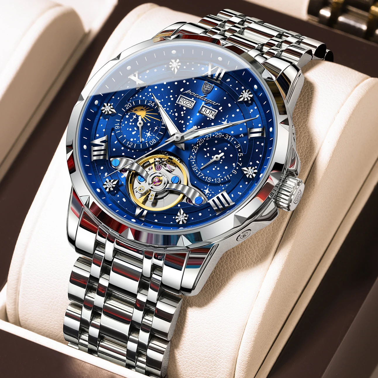 

POEDAGAR Luxury Men Wristwatch Date Stainless Steel Hollow Tourbillon Man Clock Automatic Mechanical Fashion Men's Watches Reloj