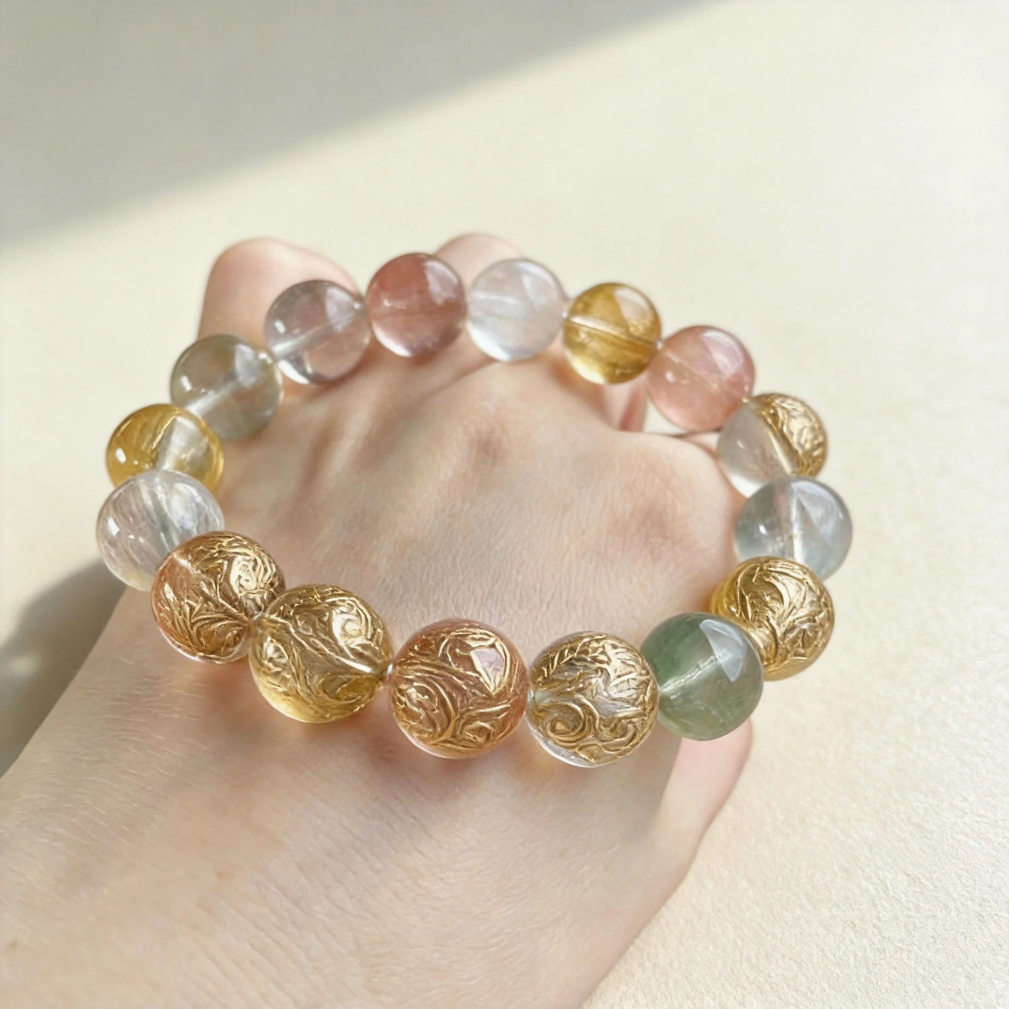 Chinese Style 7a Grade Multicolor Rabbit Hair Quartz Bracelet For Women Lucky Blessing Fortune Attracting Healing Beaded Bracele
