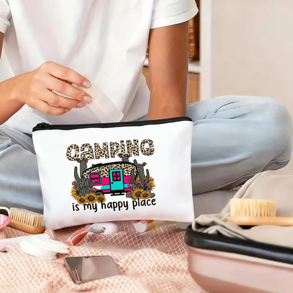 Camping-Themed Makeup Bag, Leopard Print Trailer and Cactus Design - Foldable Lightweight Zippered Storage Bag, Suitable for Travel, Cosmetics, and Toiletries - Durable Fabric Gift for Women and Camping Enthusiasts |   Leopard Print Small Bag |   Zipper Closure, Camping Accessories