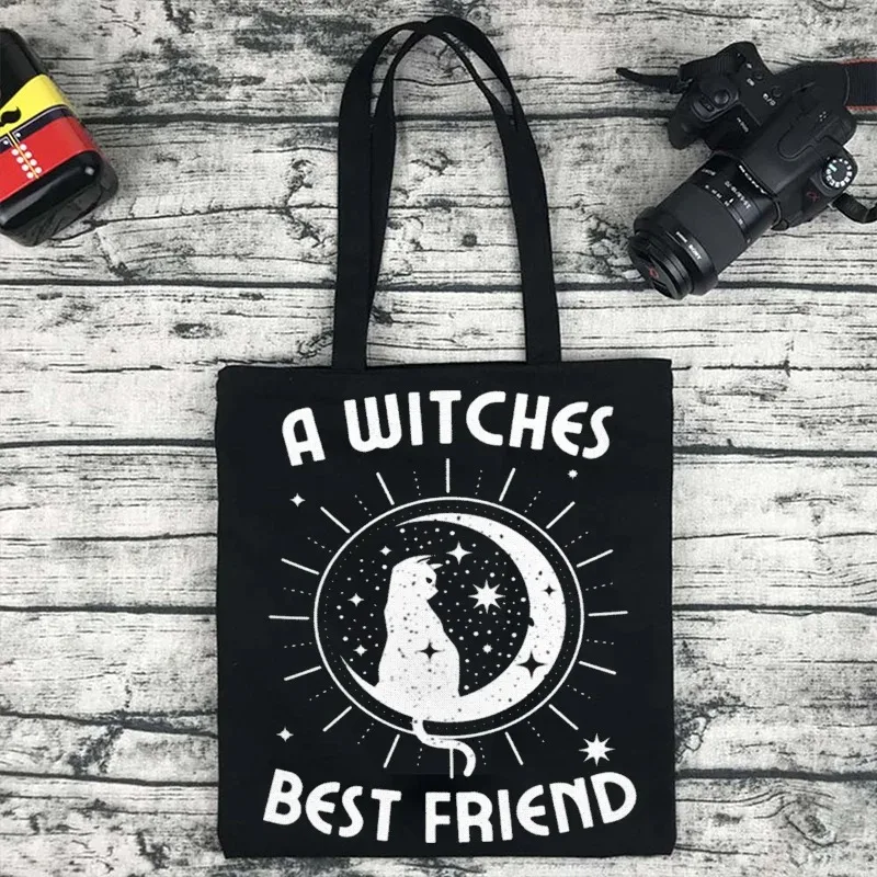 Witchy Cat Canvas Tote Bags Moon Star Pattern "A WITCHES BEST FRIEND" Print Reusable Shopping Bags for Halloween and Daily Use view 4
