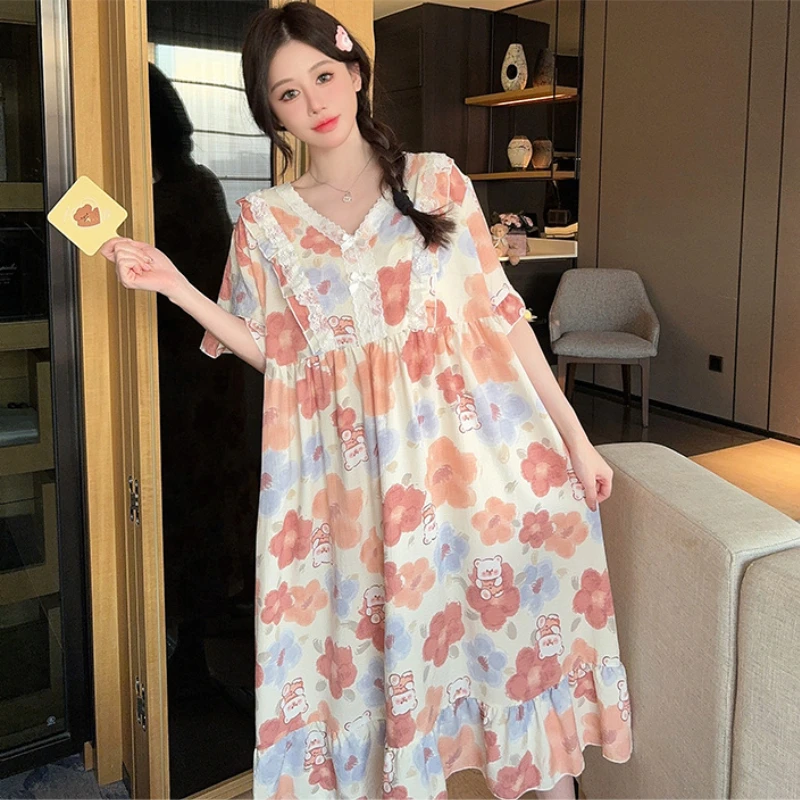 Summer Print Nightgowns Women M-6XL Sweet Ruffles Design Home Aesthetic Sleepwear Girlish Ulzzang All-match Breathable Ins Mujer