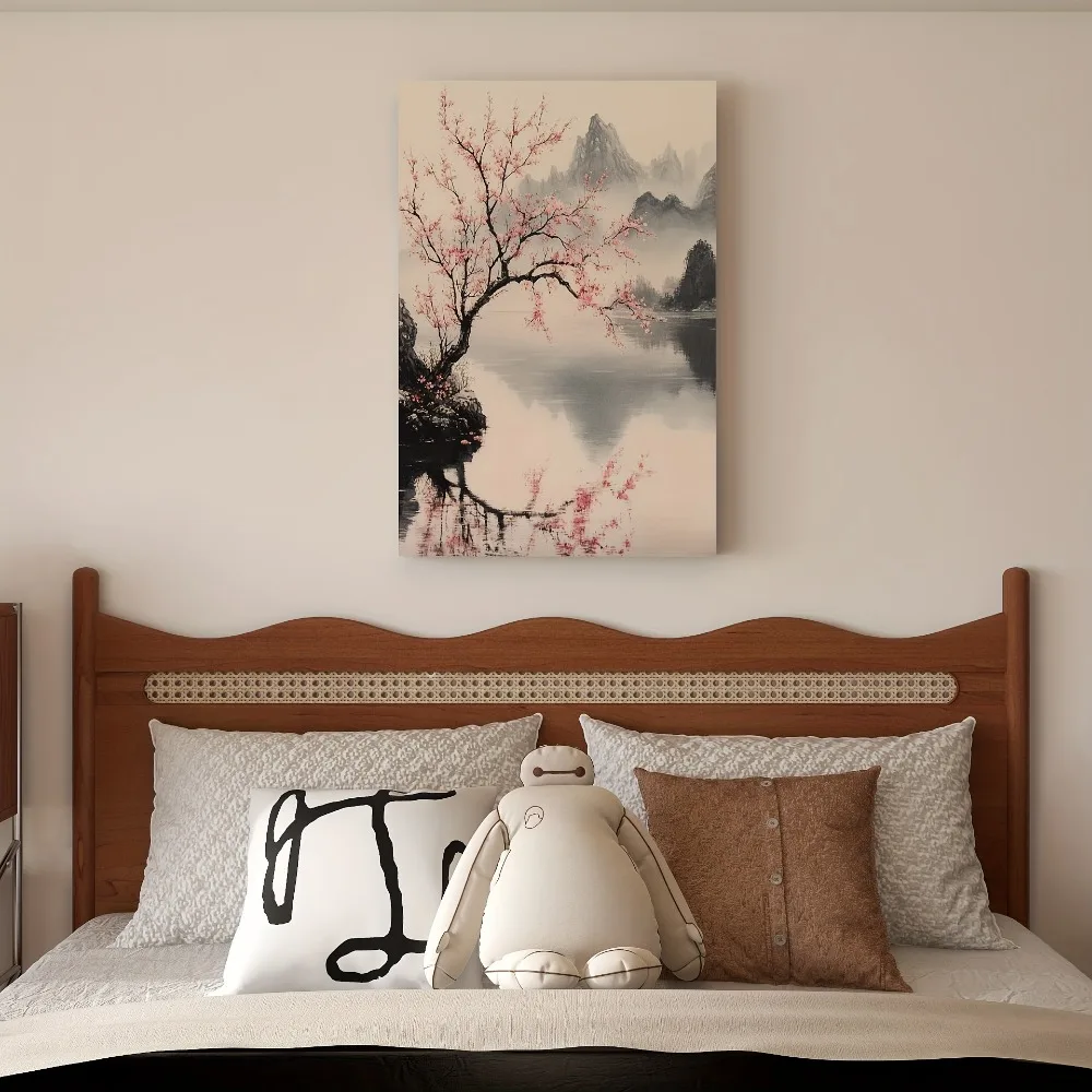 

Peach trees by the lake, with mountains in the background, traditional Chinese painting, suitable for interior decoration