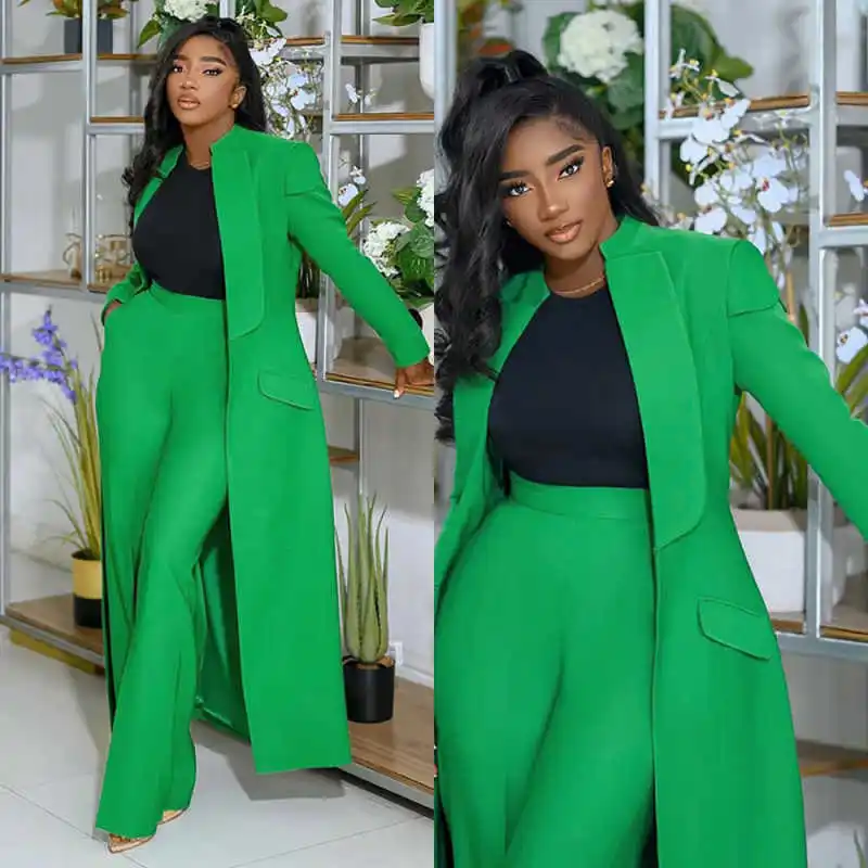 تصميم زر واحد المرأة تكلفة واسعة الساق بانت فضفاض جيب السترة أزياء 2 قطعة الدعاوى مخصص حفلة موسيقية وتتسابق